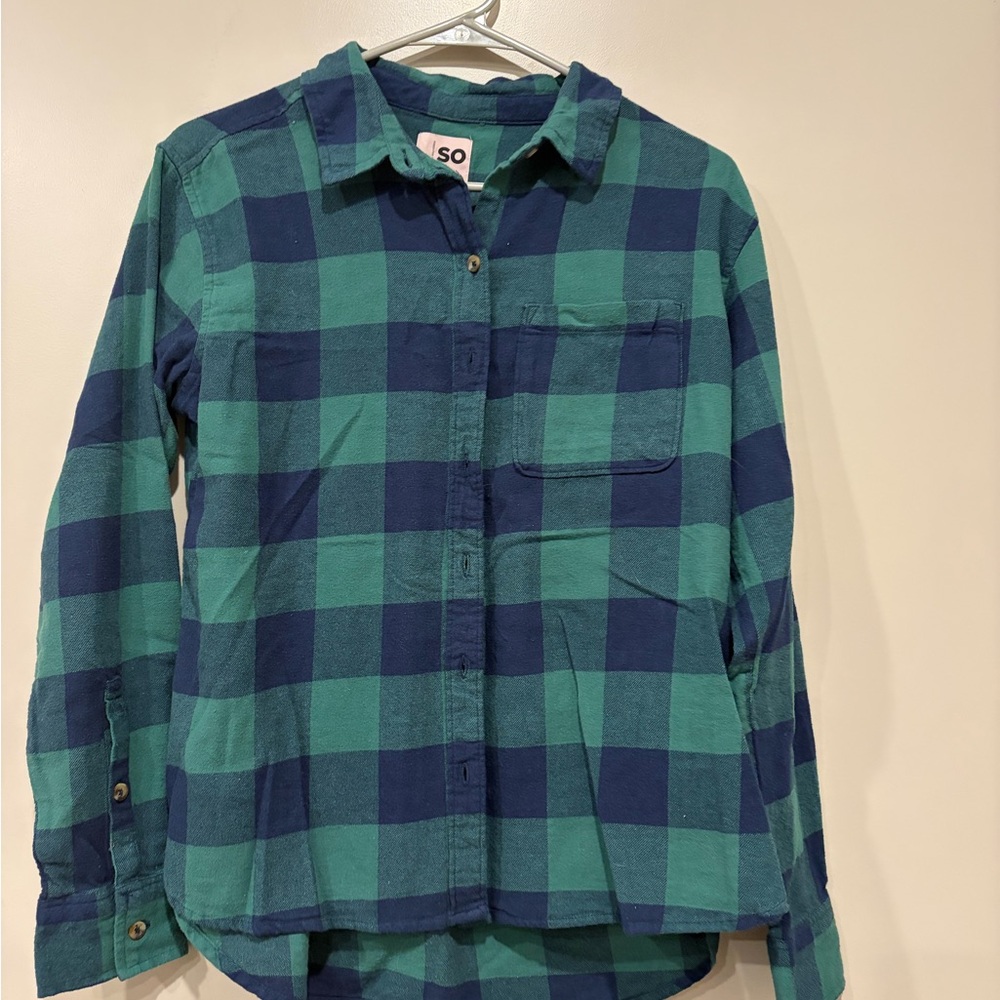 SO Women's Green and Blue Plaid Button-Down Shirt